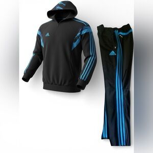 ADIDAS Hoodie Sweatsuit Black Royal Blue Three Stripe Size Large